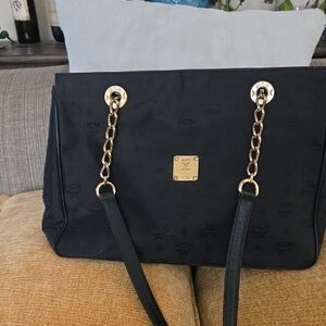 MCM Black Tote with Gold Chain Details